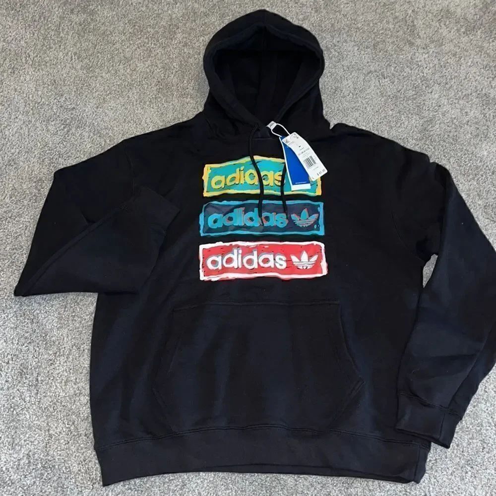 New Adidas Black Linear 3 Color Trefoil logo Hoodie Hooded sweatshirt L